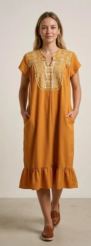 vbu5 Vestido rayón mostaza punto de cruz