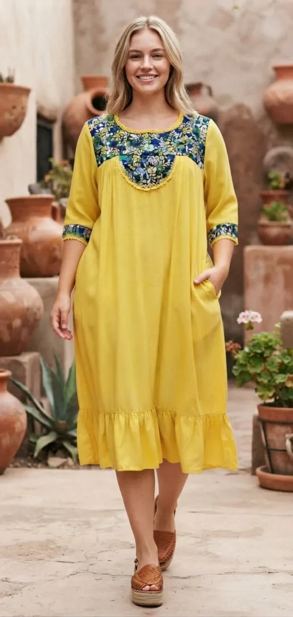 Vestido rayón amarillo bordado solo adelante