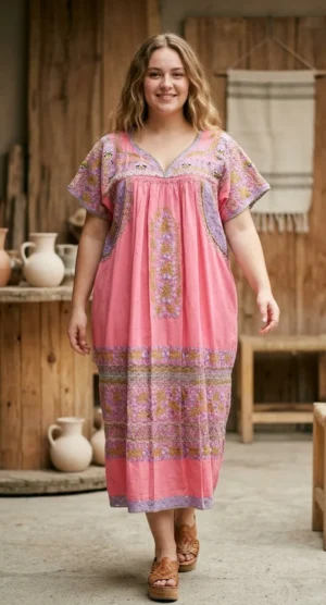 Vestido coral con bordado lila y verde seco