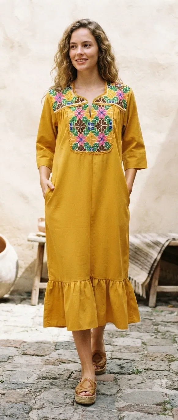 Vestido mostaza bordado punto de cruz
