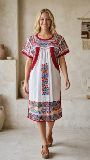 Vestido  blanco multicolor con tejido en costados