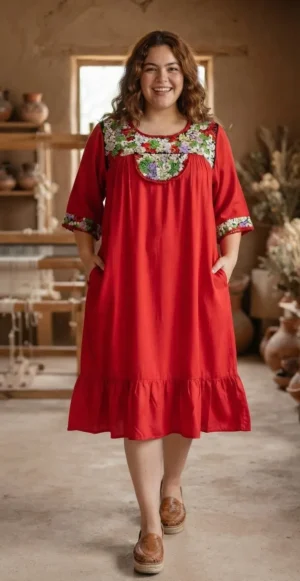 Vestido rojo bordado adelante con holán y bolsas