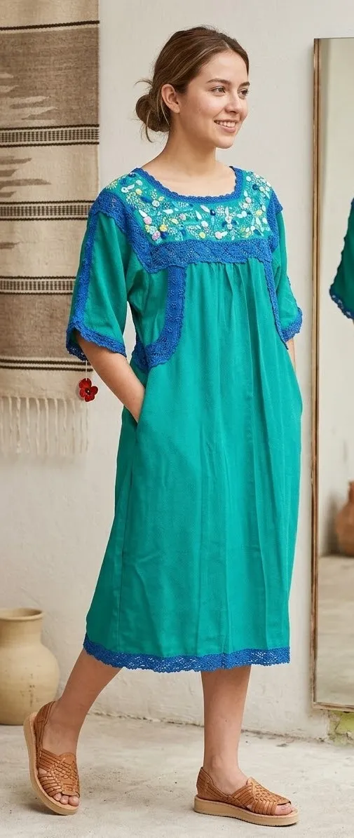 Vestido telar verde jade con bolsas bordado rococo tejido azul rey